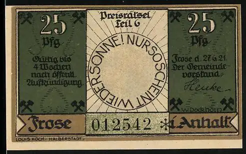 Notgeld Frose 1921, 25 Pfennig, Bergmann über und unter Tage, Preisrätsel Teil 6