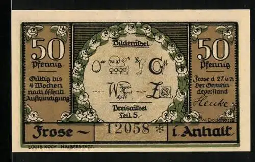 Notgeld Frose 1921, 50 Pfennig, Bilderrätsel, Der See wird abgelassen, 1703-1709
