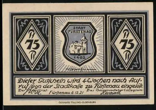 Notgeld Fürstenau 1921, 75 Pfennig, Die Buren Porten