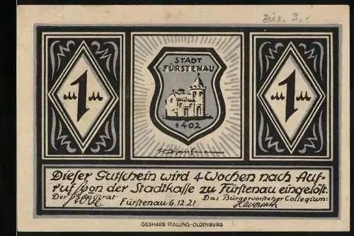 Notgeld Fürstenau 1921, 1 Mark, Das Schloss um 1553