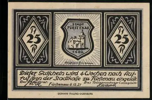 Notgeld Fürstenau 1921, 25 Pfennig, Blick auf das Rathaus