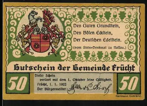 Notgeld Frücht 1922, 50 Pfennig, Wappen, Grabkapelle der Reichsfreiherrlichen Familie vom und zum Stein