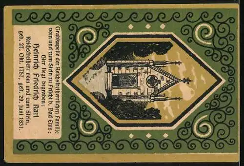 Notgeld Frücht 1922, 50 Pfennig, Wappen, Grabkapelle der Reichsfreiherrlichen Familie vom und zum Stein