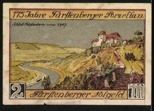 Notgeld Fürstenberg 1921, 2 Mark, Das Schloss anno 1747