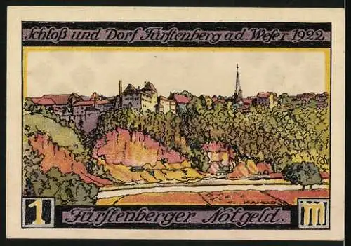 Notgeld Fürstenberg 1921, 1 Mark, Schloss und Dorf