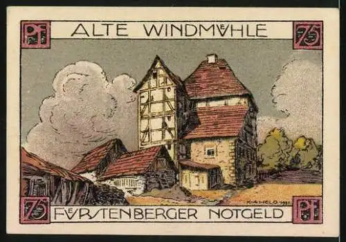 Notgeld Fürstenberg 1921, 75 Pfennig, Die Alte Windmühle