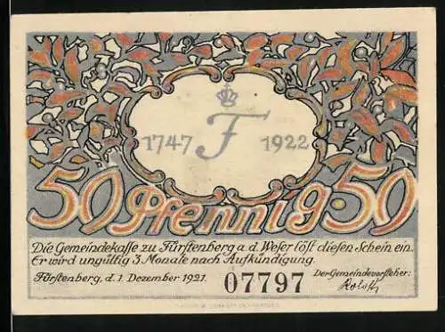 Notgeld Fürstenberg 1921, 50 Pfennig, Eingang zum Schloss im Schnee