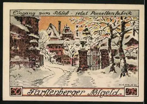 Notgeld Fürstenberg 1921, 50 Pfennig, Eingang zum Schloss im Schnee
