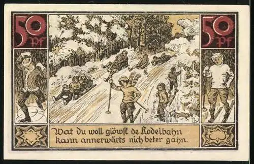 Notgeld Fürstenberg in Meckl. 1921, 50 Pfennig, Ski- und Schlittenfahrer