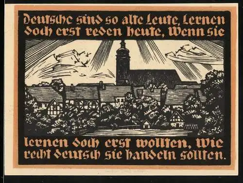 Notgeld Genthin 1921, 5 Mark, Ortsansicht mit Kirche im Hintergrund