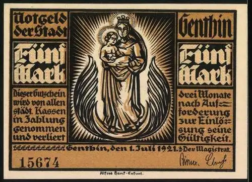 Notgeld Genthin 1921, 5 Mark, Ortsansicht mit Kirche im Hintergrund