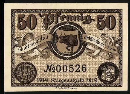 Notgeld Ochsenfurt a. M., 50 Pfennig, Wappen und Rathaus
