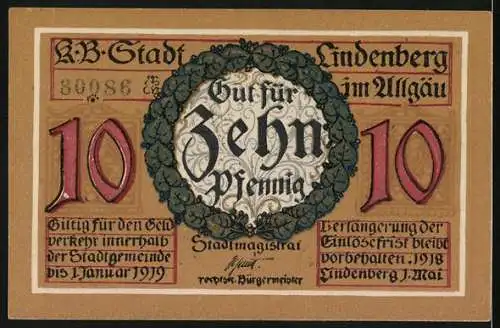 Notgeld Lindenberg im Allgäu 1918, 10 Pfennig, Soldat mit Pfeife und Bajonett
