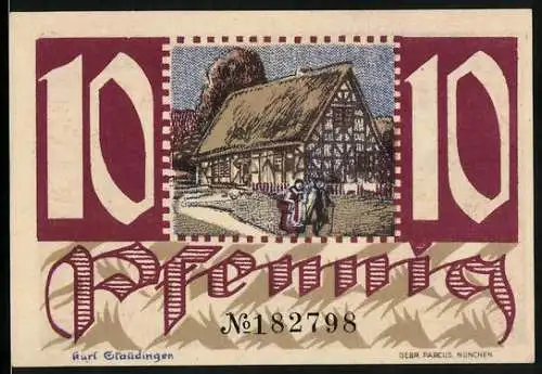 Notgeld Montabaur 1920, 10 Pfennig, Zwei Anwohner vor altem Fachwerkhaus