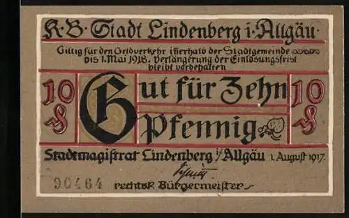 Notgeld Lindenberg /Allgäu 1917, 10 Pfennig, Ritter mit Kanone