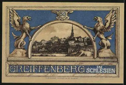 Notgeld Greiffenberg /Schlesien 1920, 50 Pfennig, Mischwesen, Ortsansicht
