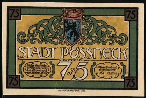 Notgeld Pössneck, 75 Pfennig, Wappen, Bunte Lampions in der Stadt