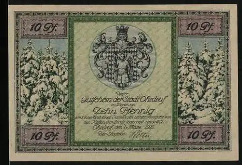 Notgeld Ohrdruf 1921, 10 Pfennig, Wappen, Tannen mit Schnee, Rathaus