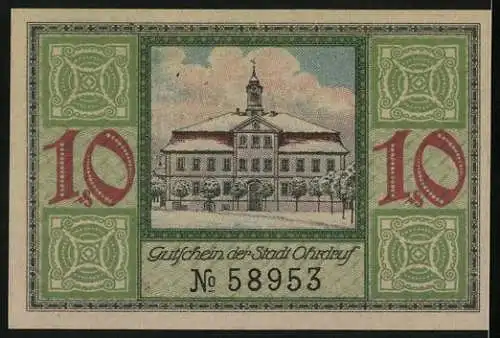 Notgeld Ohrdruf 1921, 10 Pfennig, Wappen, Tannen mit Schnee, Rathaus