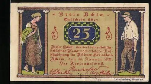 Notgeld Kreis Achim 1921, 25 Pfennig, Bauernpaar, Ortsansicht mit Windmühle