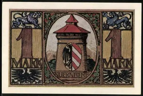 Notgeld Nürnberg 1921, 1 Mark, Wappen, Turm, Löwe und Adler