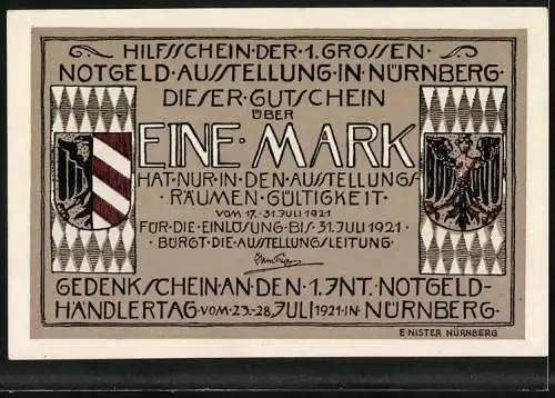 Notgeld Nürnberg 1921, 1 Mark, Wappen, Turm, Löwe und Adler