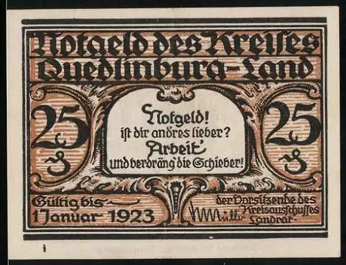 Notgeld Quedlinburg-Land 1923, 25 Pfennig, Kreis-Wohlfahrtsgebäude in Thale
