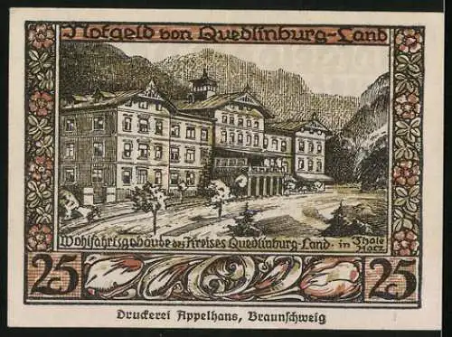 Notgeld Quedlinburg-Land 1923, 25 Pfennig, Kreis-Wohlfahrtsgebäude in Thale