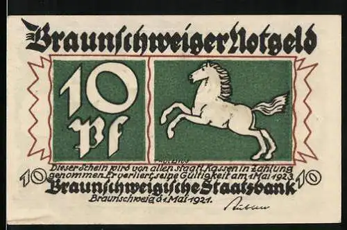 Notgeld Blankenburg /Harz 1921, 10 Pfennig, Braunschweigische Staatsbank, Sachsenross, Rathaus