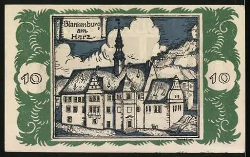 Notgeld Blankenburg /Harz 1921, 10 Pfennig, Braunschweigische Staatsbank, Sachsenross, Rathaus