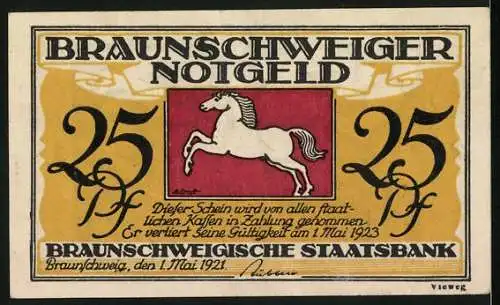 Notgeld Blankenburg /Harz 1921, 25 Pfennig, Braunschweigische Staatsbank, Sachsenross, Schloss