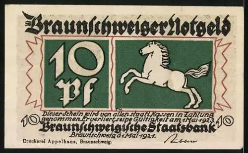 Notgeld Braunschweig 1921, 10 Pfennig, Braunschweigische Staatsbank, Sachsenross, Till Eulenspiegel