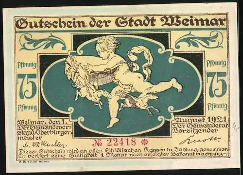 Notgeld Weimar 1921, 75 Pfennig, Kind und geflügelte Rösser, Szene mit Geldwechslern