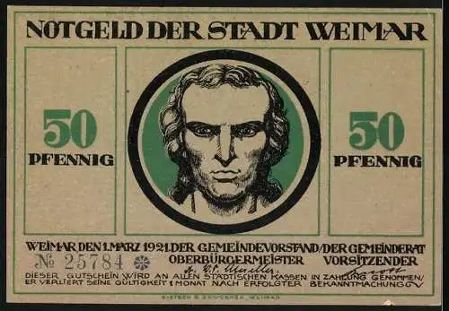 Notgeld Weimar, 50 Pfennig, Schiller-Portrait, Lieben Freunde, es gab schönre Zeiten..., Szenenbild