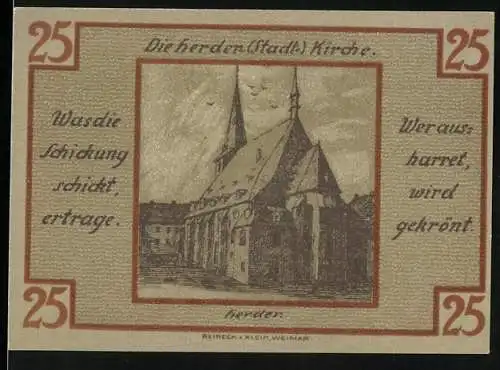 Notgeld Weimar 1921, 25 Pfennig, Dichter-Silhouetten, Wappen, Herder-Kirche