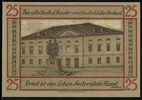 Notgeld Weimar 1921, 25 Pfennig, Dichter-Silhouetten, Wappen, Theater mit Goethe-Schiller-Denkmal