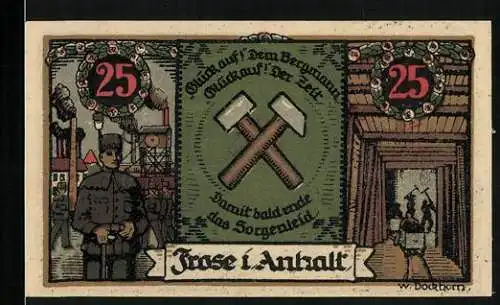 Notgeld Frose /Anhalt 1921, 25 Pfennig, Bergmann und Tunnel-Einfahrt, Schlägel und Eisen