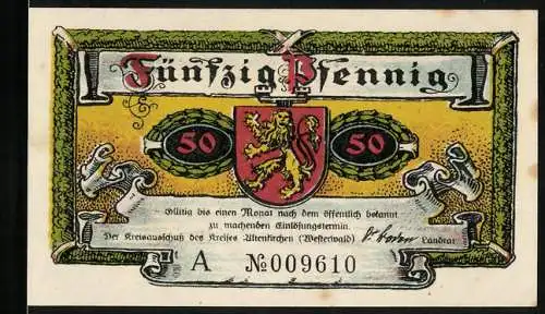 Notgeld Altenkirchen /Westerwald 1921, 50 Pfennig, Säender Bauer, Bergwerk, Wappen