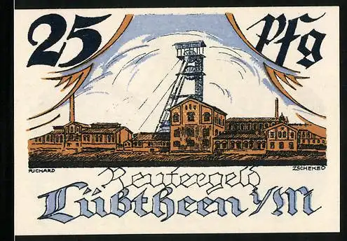 Notgeld Lübtheen i. M. 1922, 25 Pfennig, Wappen, Kutsche mit fliehendem Schuldner, Bergwerk