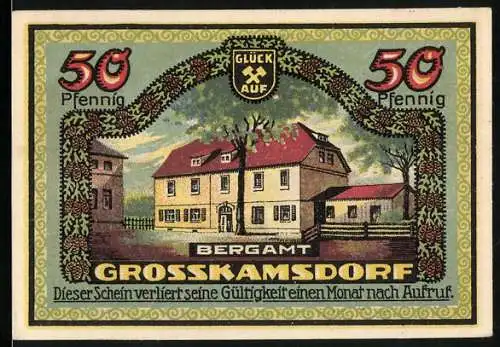 Notgeld Grosskamsdorf 1921, 50 Pfennig, Kreishaus, Bergamt, Schlägel und Eisen