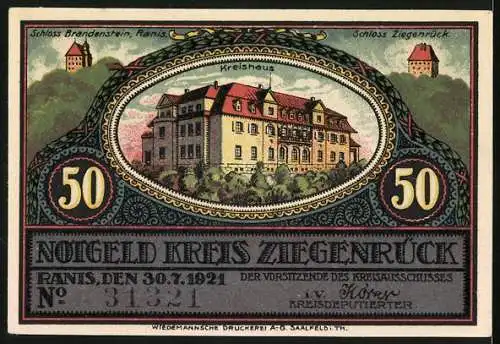 Notgeld Grosskamsdorf 1921, 50 Pfennig, Kreishaus, Bergamt, Schlägel und Eisen