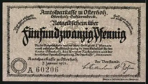 Notgeld Osterholz 1921, 25 Pfennig, Wappen, Kreishaus