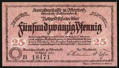 Notgeld Osterholz 1921, 25 Pfennig, Wappen, Kreishaus