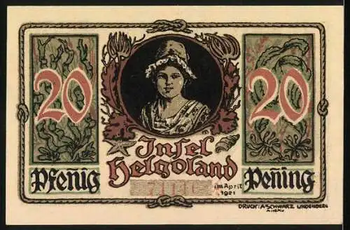 Notgeld Insel Helgoland 1921, 20 Pfennig, Wappen, Muscheln, Fische, Helgoländerin