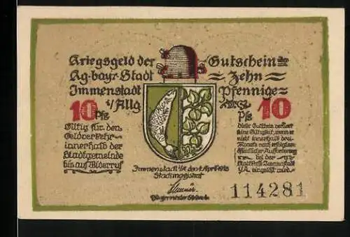 Notgeld Immenstadt /Allgäu 1918, 10 Pfennig, Wappen, Bienenstock, Ähren, Ritter