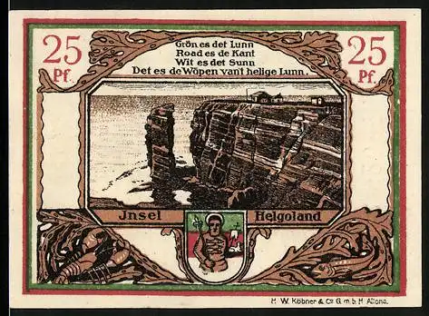 Notgeld Insel Helgoland 1919, 25 Pfennig, Wappen, Krebs, Fisch, Steilküste