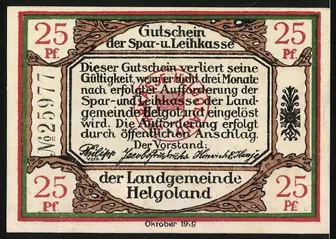 Notgeld Insel Helgoland 1919, 25 Pfennig, Wappen, Krebs, Fisch, Steilküste