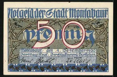 Notgeld Montabaur 1920, 50 Pfennig, Wappen mit Ornamenten, Zweige mit Vögeln