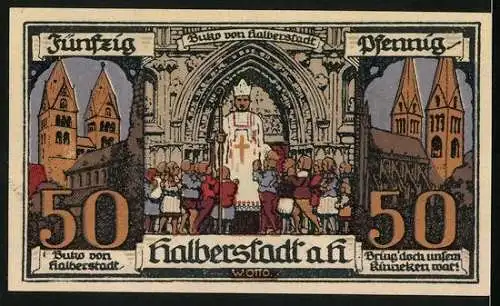 Notgeld Halberstadt /Harz 1921, 50 Pfennig, Kirchen, Buko von Halberstadt mit Kindern, Ritter mit Wappenschild