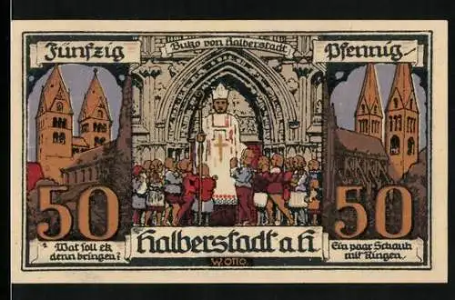 Notgeld Halberstadt /Harz 1921, 50 Pfennig, Kirchen, Buko von Halberstadt mit Kindern, Ritter mit Wappenschild